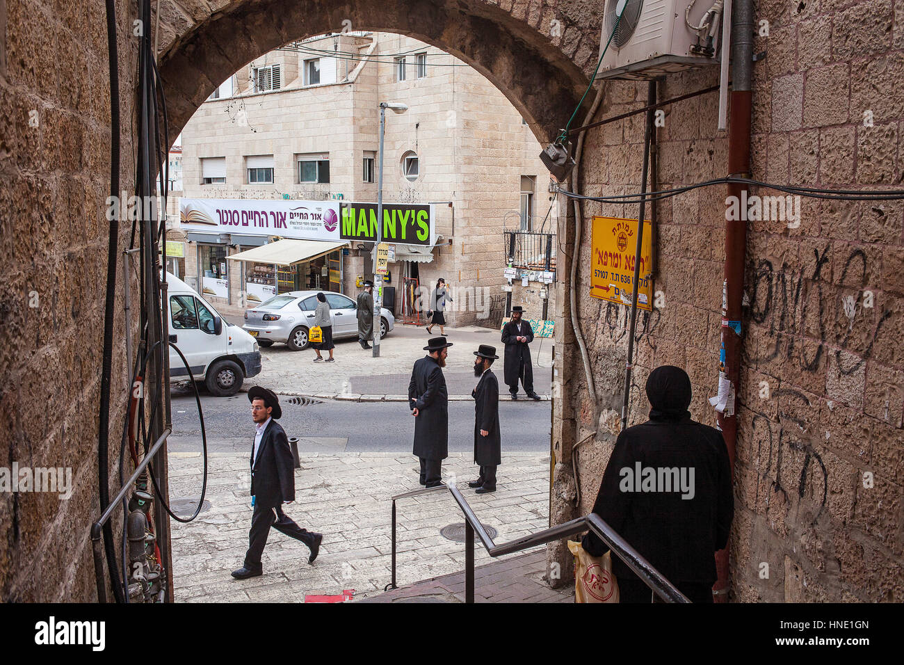 Orthodoxe Juden, Mea Shearim Viertel, Jerusalem, Israel. Stockfoto