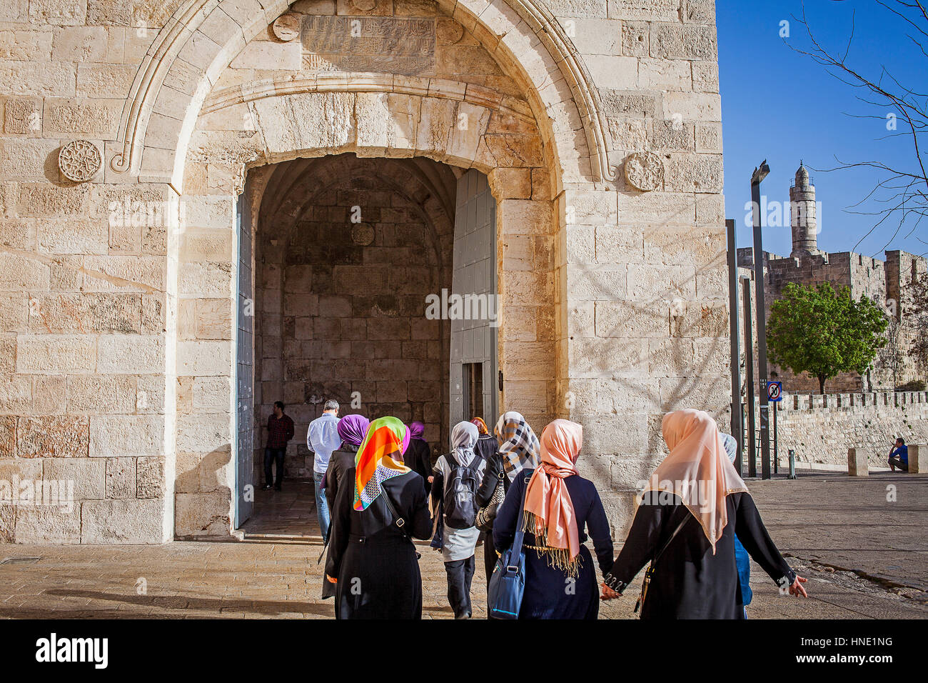 Jaffa-Tor am rechten Turm der Zitadelle von David, Altstadt, Jerusalem, Israel Stockfoto