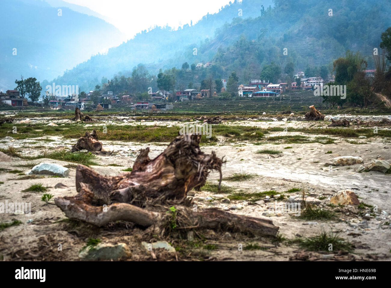 Die Baumstämme lagen nach sintflutartigen Regenfällen, die Erdrutsche und Überschwemmungen im Dorf Khare in Nepal verursachten, auf dem Grund der Wasserstraße. Stockfoto