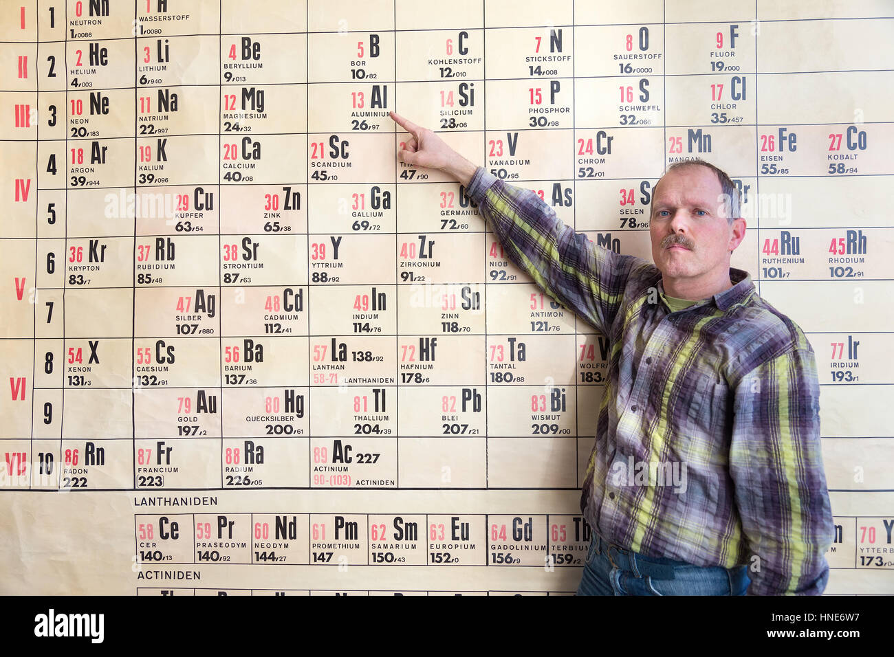 Chemielehrer im Periodensystem auf Wandkarte zeigt Stockfoto