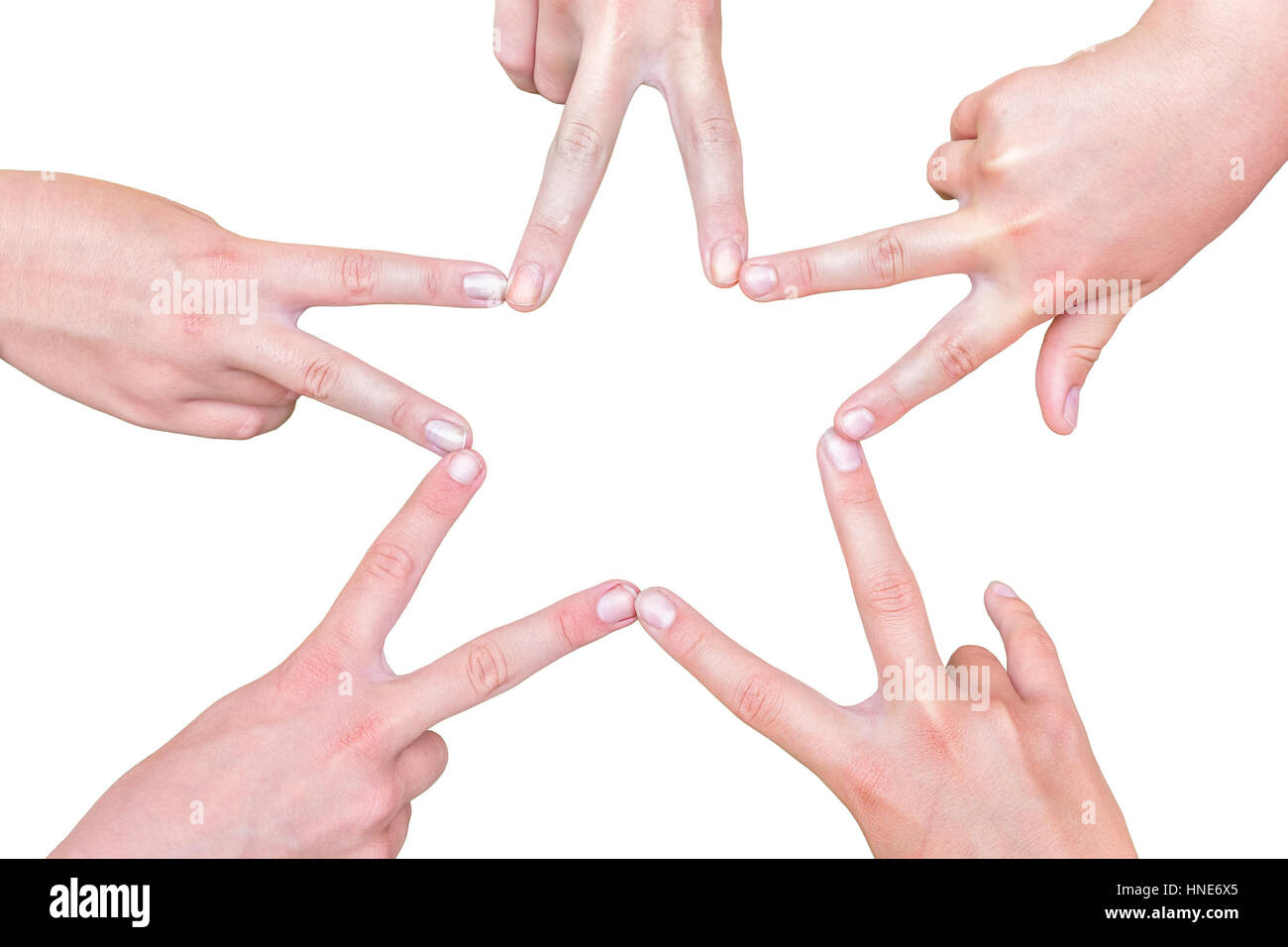 Händen der Mädchen machen fünfzackigen Stern isoliert auf weißem Hintergrund Stockfoto