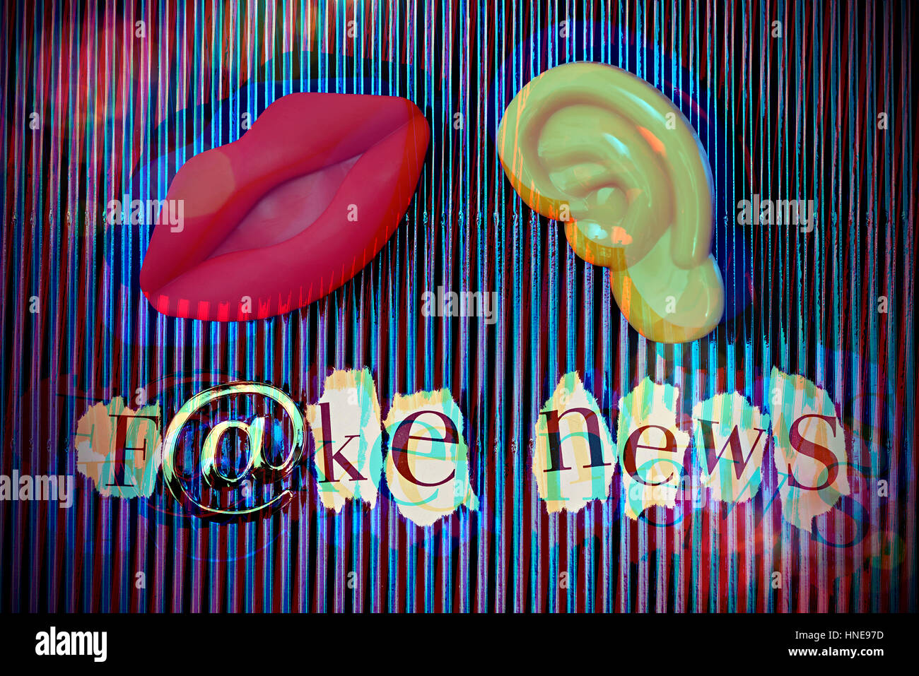 Mund, Ohr und Fake Nachrichten Schlaganfall, Verbreitung von gefälschten Nachrichten auf sozialen Netzwerken, Mund, Ohr Und gefälschte Nachrichten-Schriftzug, Verbreitung von gefälschten Nachrichten in Sozialen Stockfoto