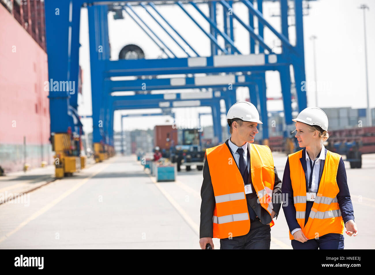 Ingenieure im Gespräch während des Gehens im Frachthafen Stockfoto
