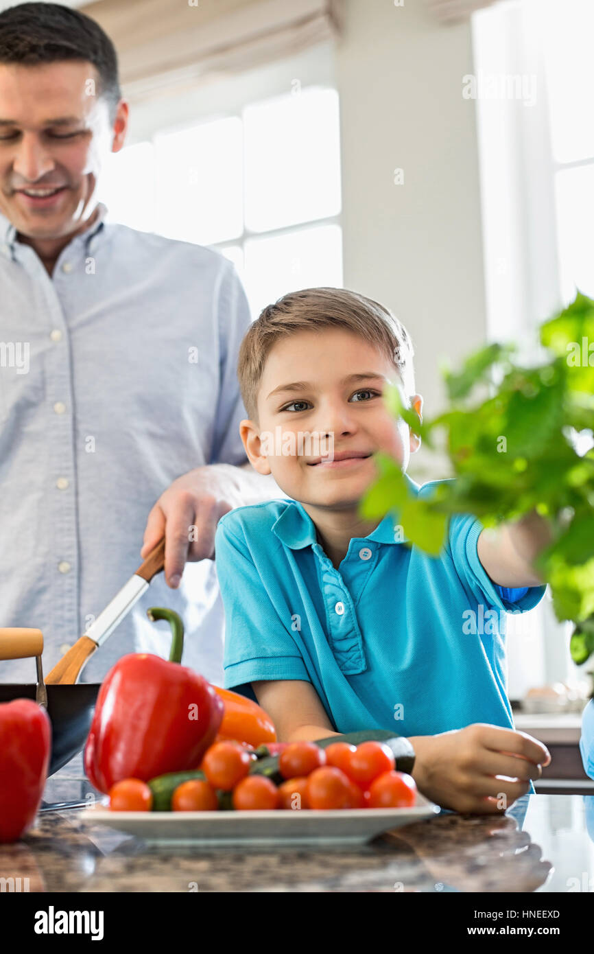 Lächelnde junge berühren Zimmerpflanze mit Vater, Zubereitung von Speisen in der Küche Stockfoto