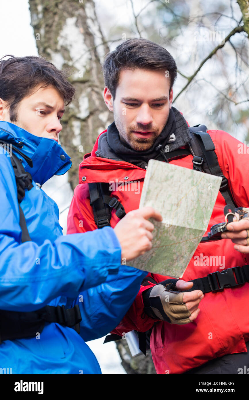 Männliche Backpackers lesen Karte gemeinsam im Wald Stockfoto