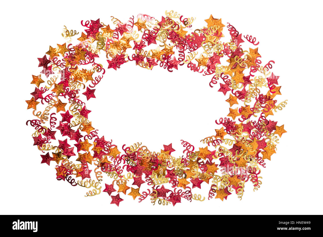 Vereitelten goldene Bänder und Stars. Rahmen mit Bändern. Verstreuten Sternen Grenze. Natürliche vereitelten Textur. Gelb und rot funkelnden Dekor Stockfoto
