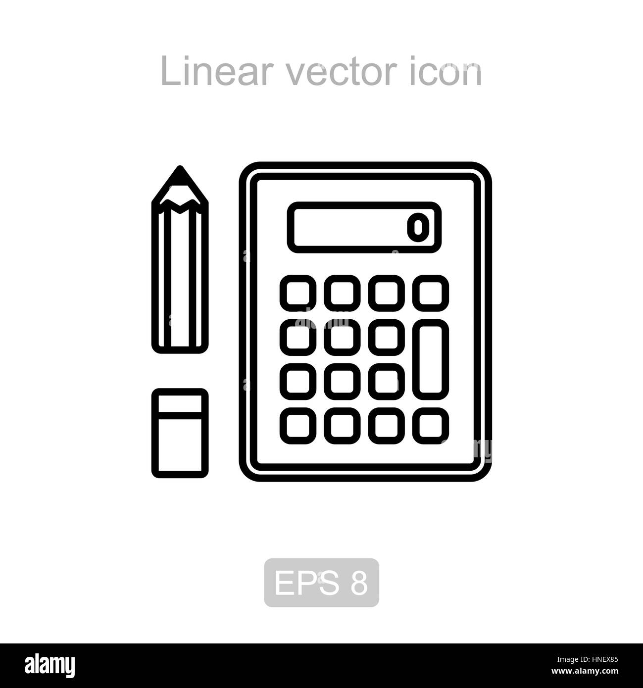 Symbol für den Taschenrechner, Bleistift und Radiergummi in einer linearen Stil Stock Vektor