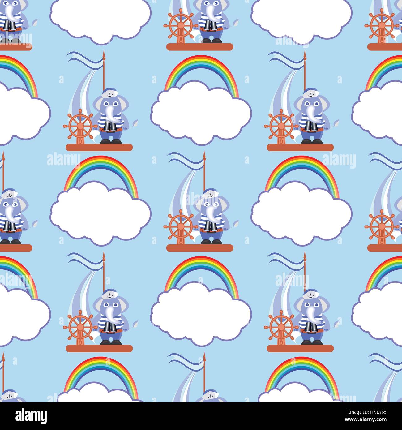 Elefant auf dem Schiff mit einem Regenbogen und eine Wolke. Kinder s Abbildung. verwendet für Druck, Webseite, Smartphone, Design, Textilien, Keramik, fab Stock Vektor