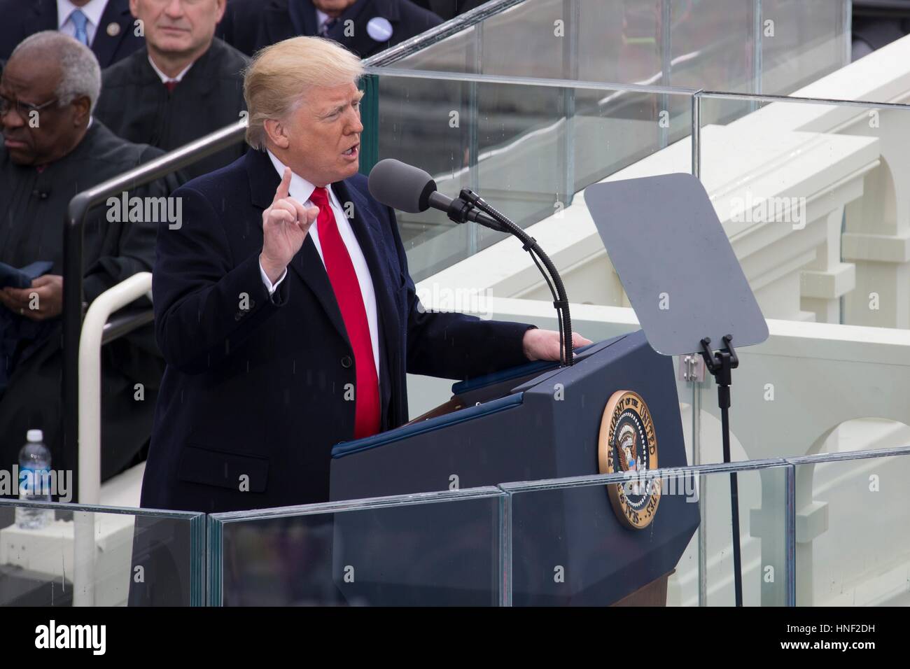 US-Präsident Donald Trump liefert seine erste Ansprache des Präsidenten während der 58. Presidential Inauguration am US Capitol 20. Januar 2017 in Washington, DC. Stockfoto