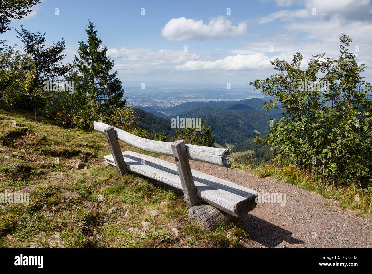 Holzbank an einem Aussichtspunkt nahe dem Gipfel des Schauinsland, in der Nähe von Freiburg, Schwarzwald, Deutschland Stockfoto