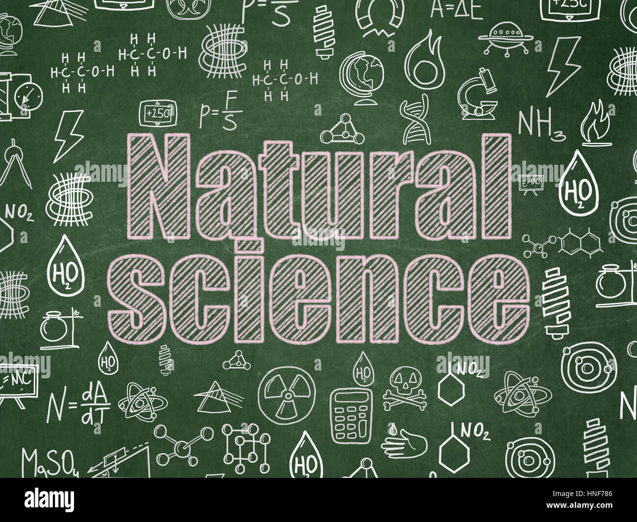 Wissenschaft-Konzept: Chalk Pink Text Naturwissenschaft auf Schulbehörde Hintergrund mit Hand gezeichnet Wissenschaft Ikonen, Schule-Brett Stockfoto