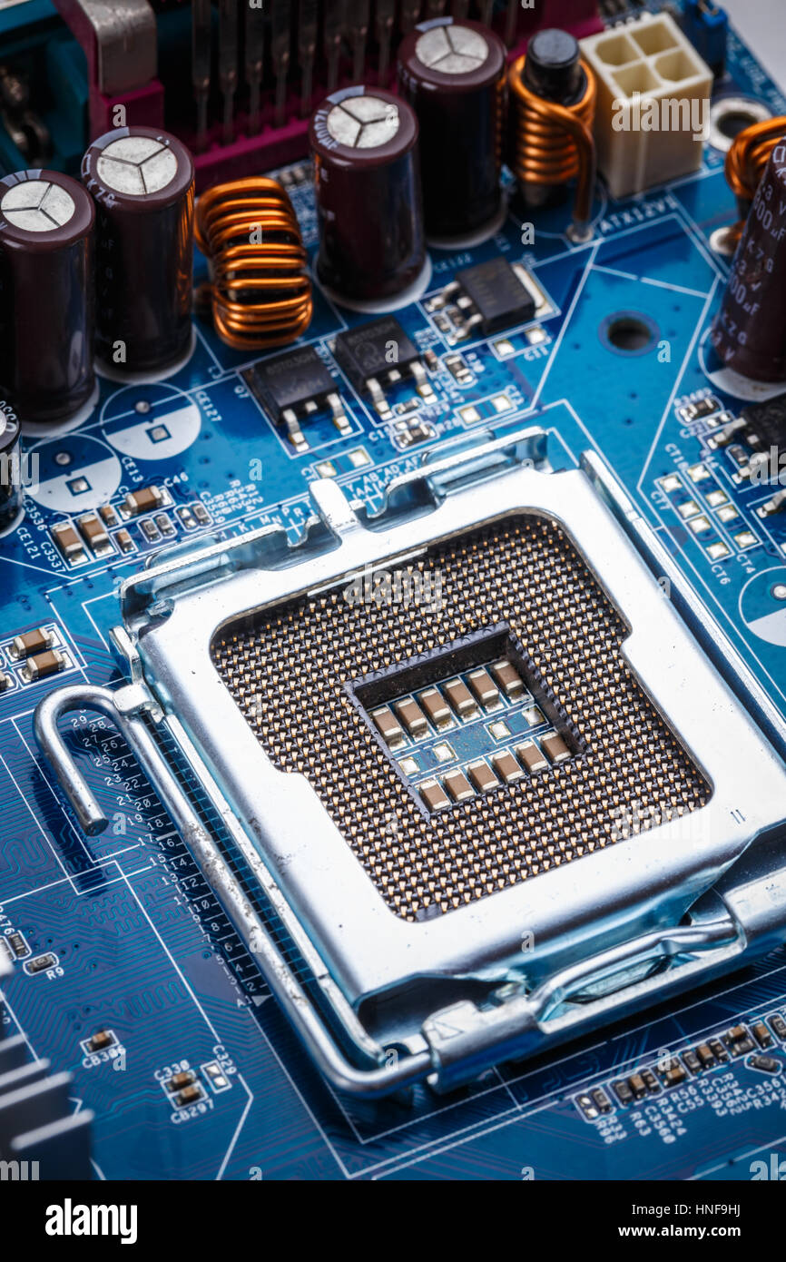 Blaue Elektronikplatine Nahaufnahme Schuss Stockfoto