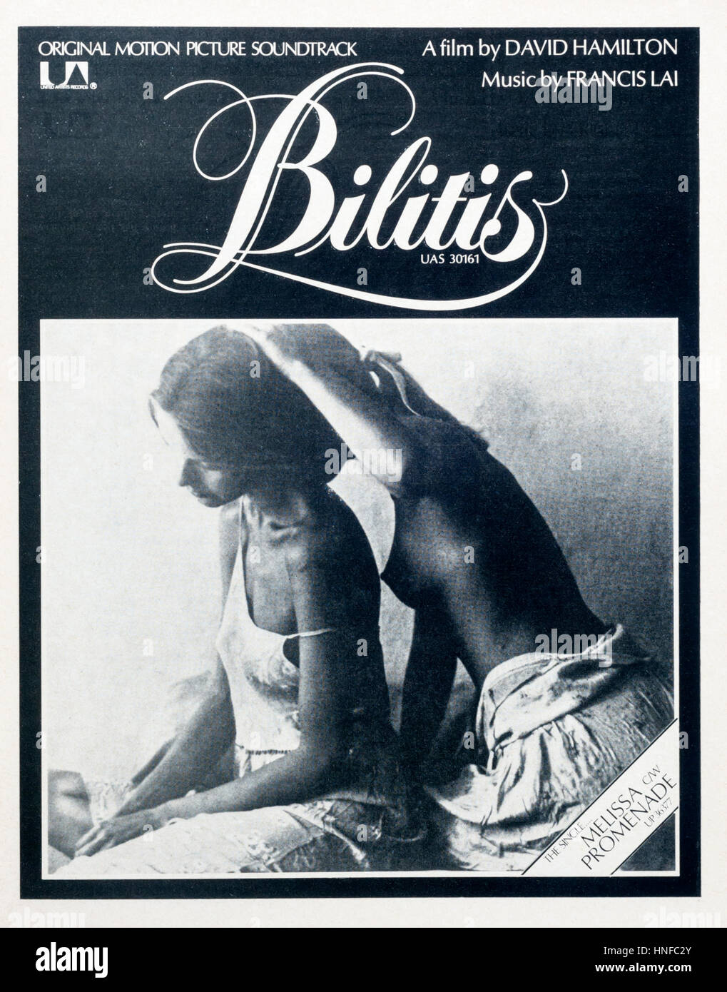 Ein Magazin der 1970er Jahre Werbung für den Film von David Hamilton, Bilitis Stockfotografie