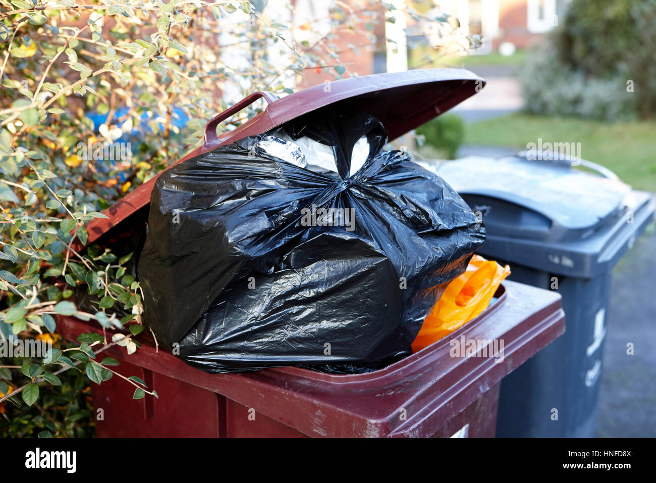 Wheelie bin Deckel offen Müll Müll überfüllt bin Liverpool uk Stockfoto