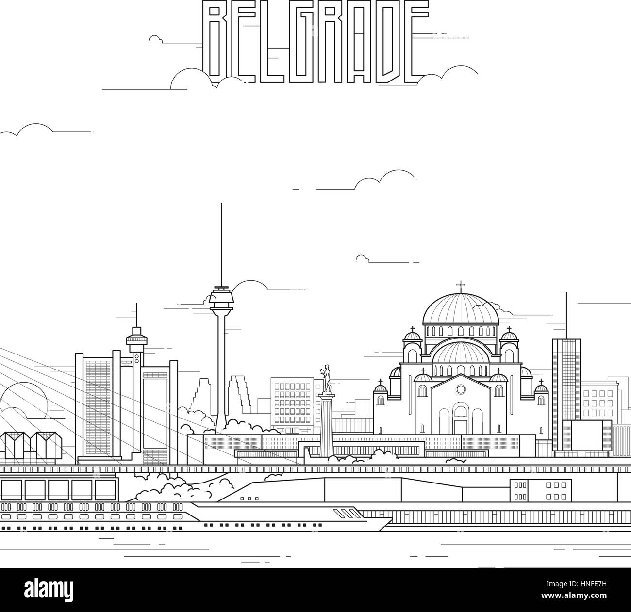 Belgrad Stadt mit berühmten Bauwerken. Linie Art flaches Design. Vektor-Illustration. Stock Vektor