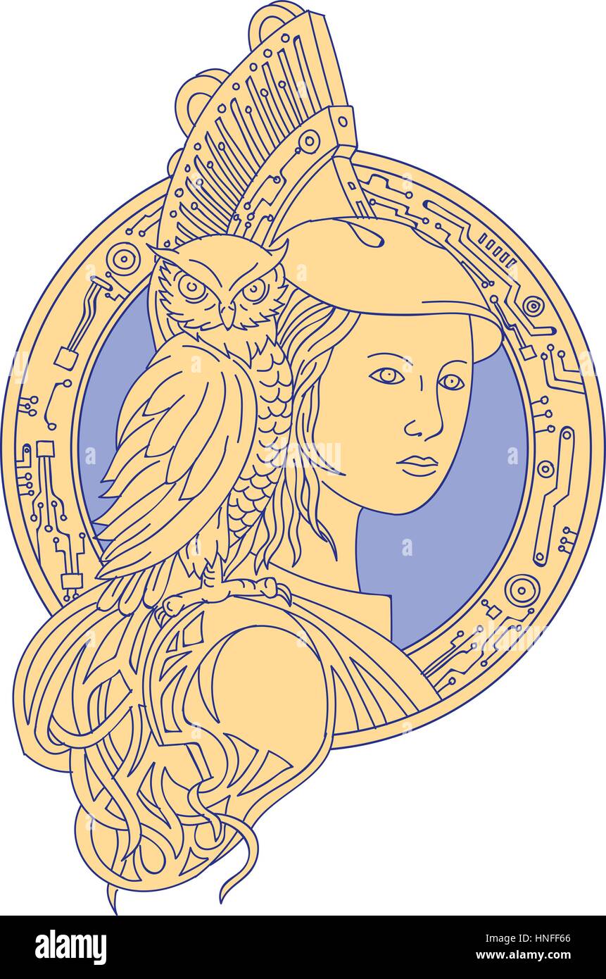 Mono-Linie Stil Darstellung der Athena oder Athene, die Göttin der Weisheit, Handwerk und Krieg in der antiken griechischen Religion und Mythologie mit Eule gehockt sh Stock Vektor