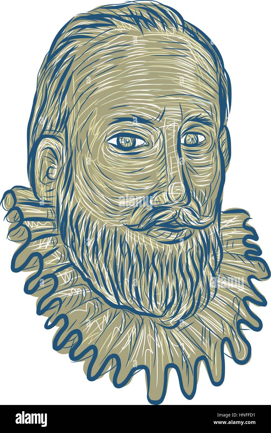 Zeichnung Skizze Stil Illustrationm Büste von Sir Walter Raleigh, landete ein englischer Gentleman, Schriftsteller, Dichter, Soldat, Politiker, Höfling, Spion und ex Stock Vektor