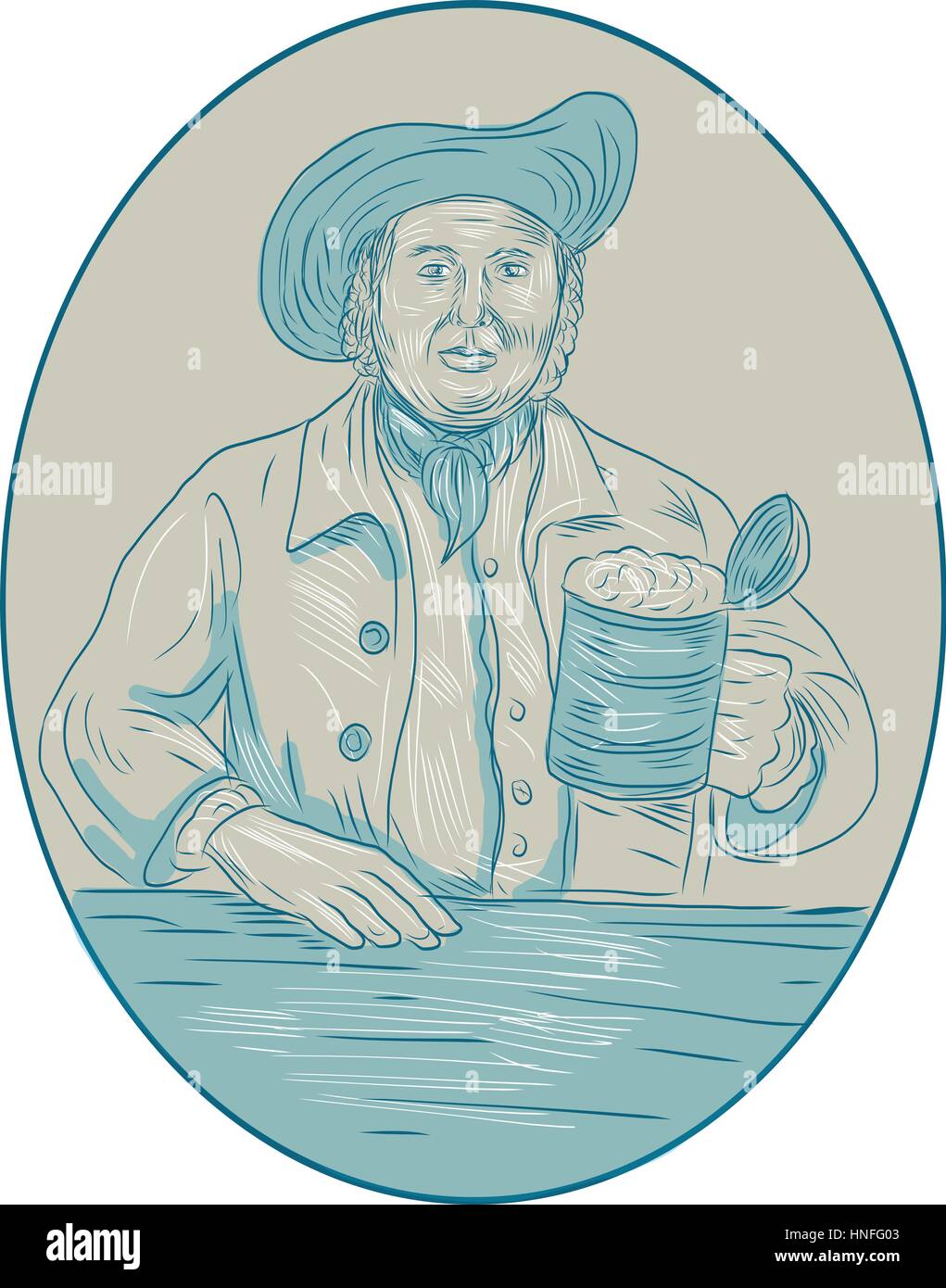 Zeichnung Skizze Stil Darstellung eines mittelalterlichen Gentleman Biertrinker halten Tankard im inneren ovalen Form betrachtet von vorne. Stock Vektor