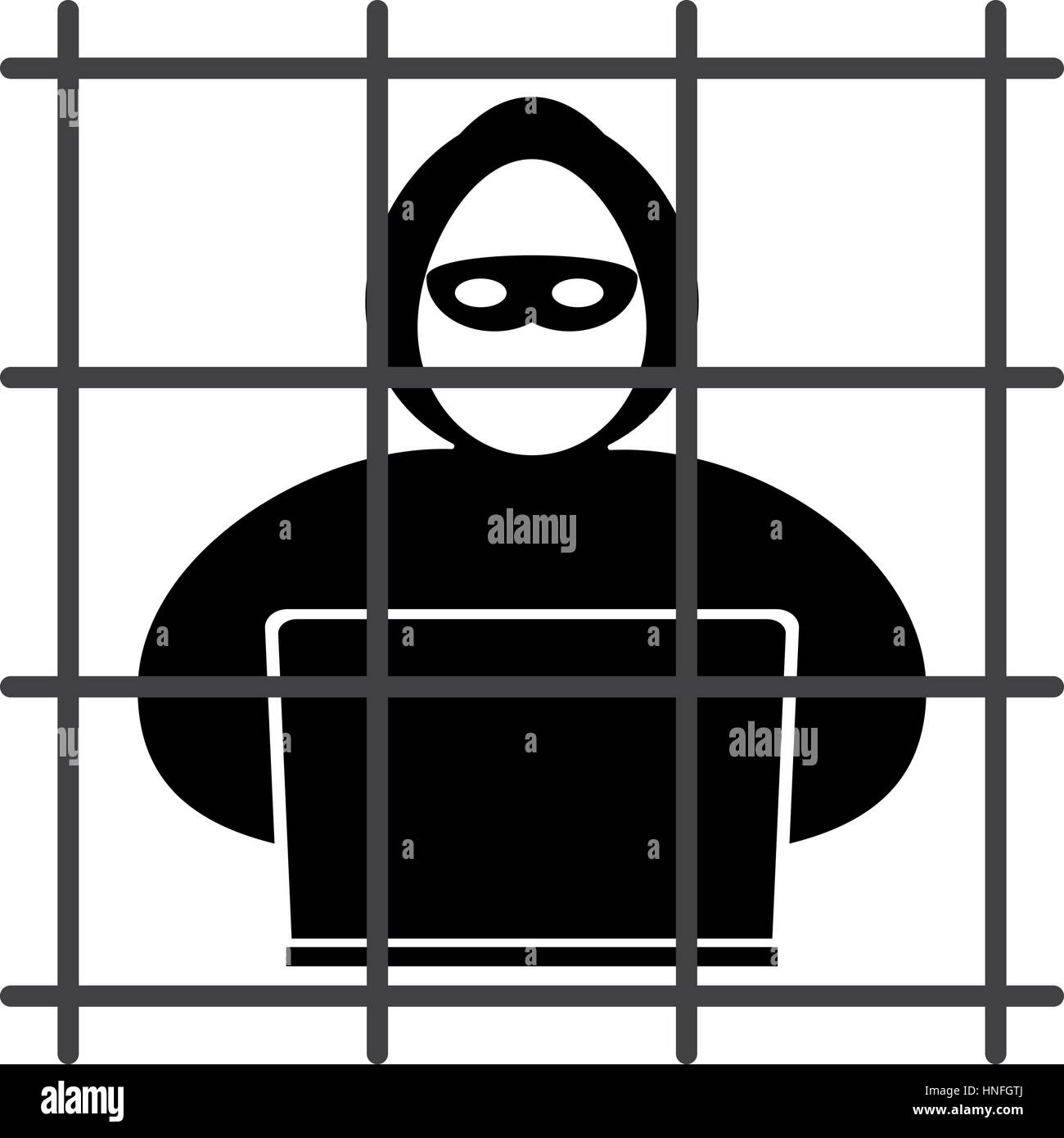 Hacker-Symbol sitzt im Gefängnis auf weißem Hintergrund Stock Vektor