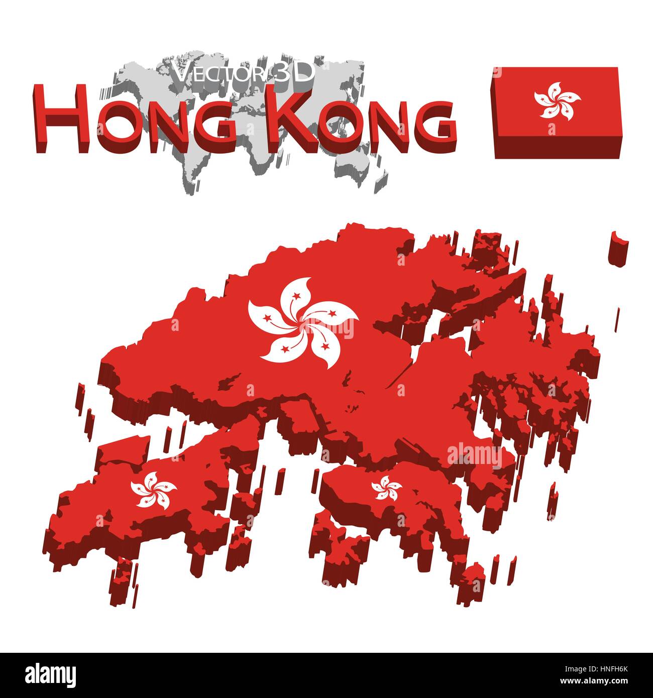 Hong Kong 3D (Hong Kong Special Administrative Region der Volksrepublik China) (Flagge und Karte) (Transport und Tourismus-Konzept) Stock Vektor