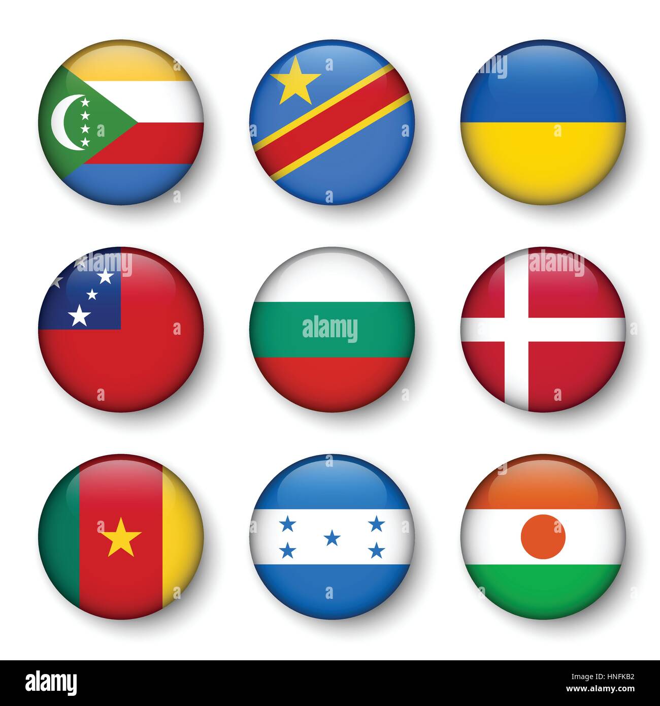 Satz der Welt kennzeichnet Runde Abzeichen (Komoren. Demokratische Republik Kongo. Ukraine. Samoa, Bulgarien. Dänemark. Kamerun. Honduras. Niger) Stock Vektor