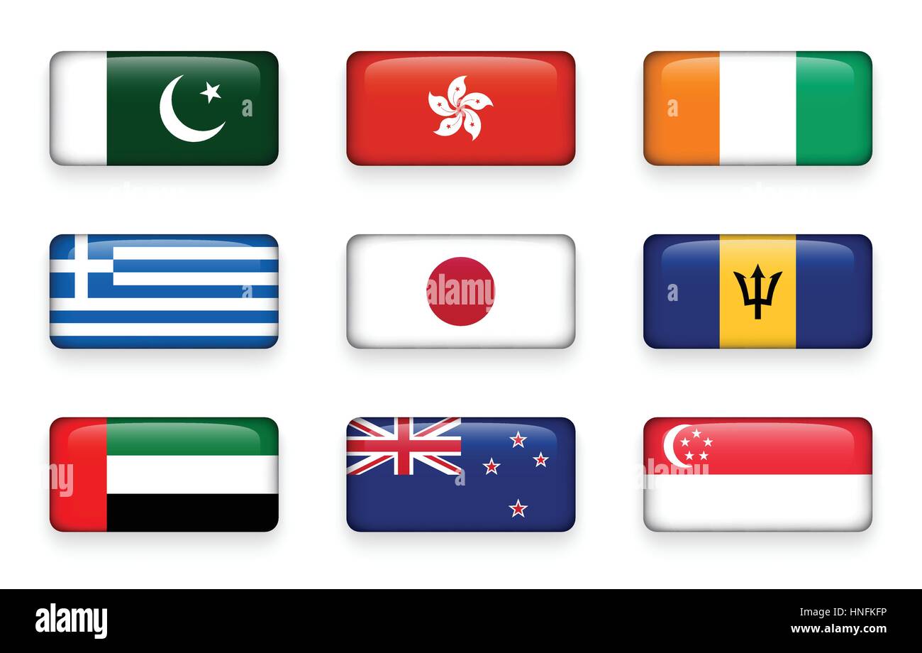 Satz der Welt Fahnen Rechteck Tasten (Pakistan. Hong Kong. Côte d ' Ivoire. Griechenland. Japan. Barbados. VEREINIGTEN ARABISCHEN EMIRATEN. Neuseeland. Singapur) Stock Vektor