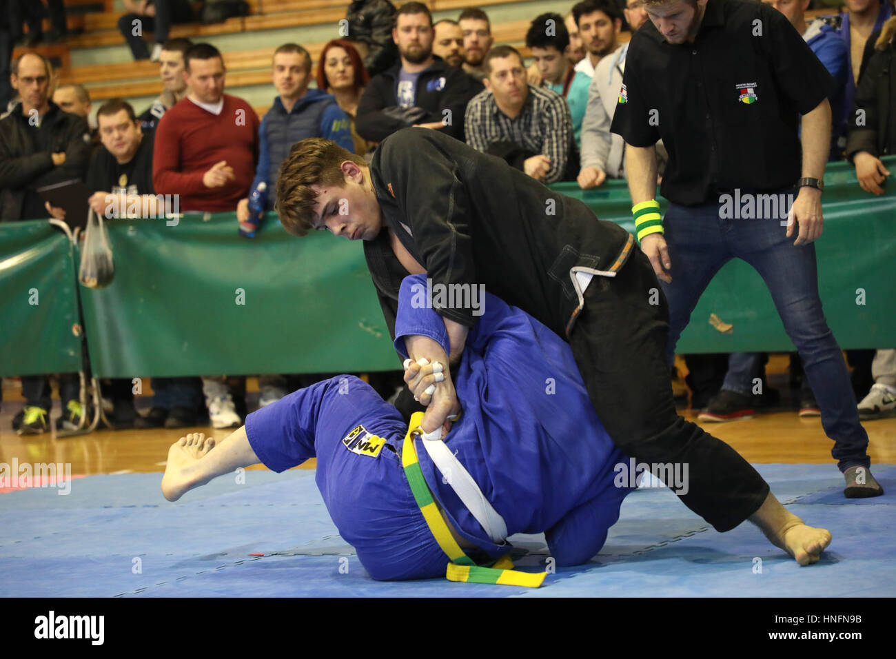 Sarajevo, Bosnien und Herzegowina. 11. Februar 2017. Brazilian Jiu Jitsu (BJJ) Konkurrenten kämpfen während der "BJJ Ost Europäischen Open Championship Sarajevo 2017", in Sarajevo, Bosnien und Herzegowina, am 11. Februar 2017. Dieses Turnier ist das erste seiner Art in Sarajevo statt. Bildnachweis: Haris Memija/Xinhua/Alamy Live-Nachrichten Stockfoto