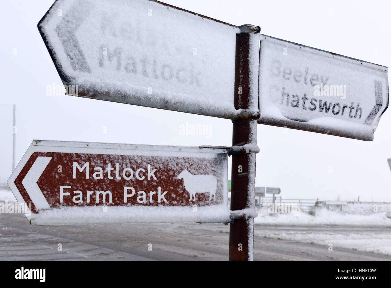 Matlock, Derbyshire, UK. 12. Februar 2016. Heftige Schneefälle in den Derbyshire Dales, in der Nähe von Matlock und Umgebung. Derbyshire Grafschaftsrat Salzstreuer sind aufgrund von Frost und eisigen Bedingungen. Bildnachweis: Ian Francis/Alamy Live-Nachrichten Stockfoto