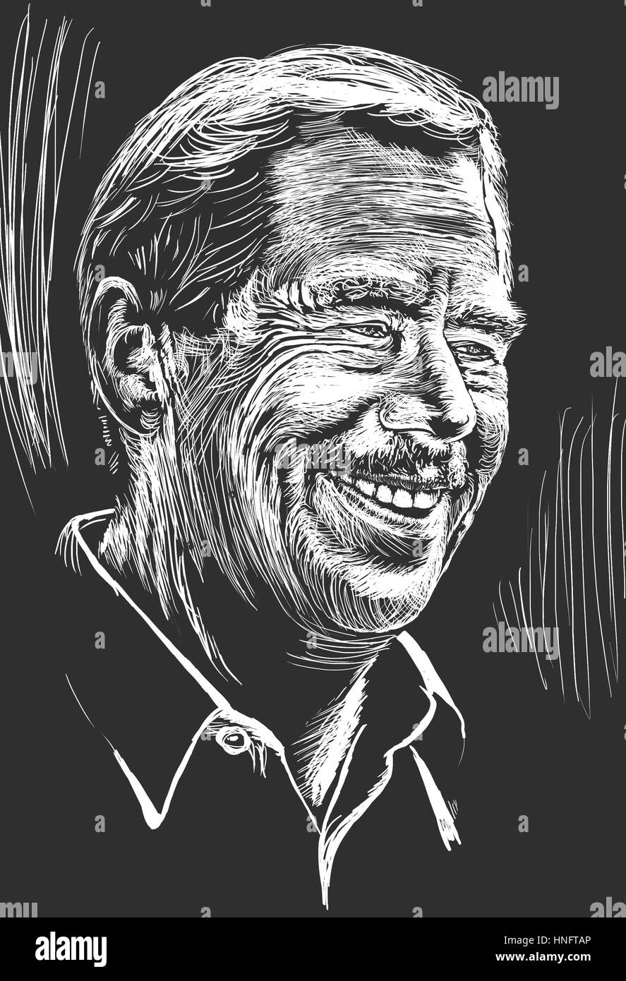 Zeichnung der Tschechische Ex-Präsident Vaclav Havel, Autor von Theaterstücken und Philosoph. Februar 2017. Weiße Gravur auf dunklen grauen Hintergrund. Stockfoto
