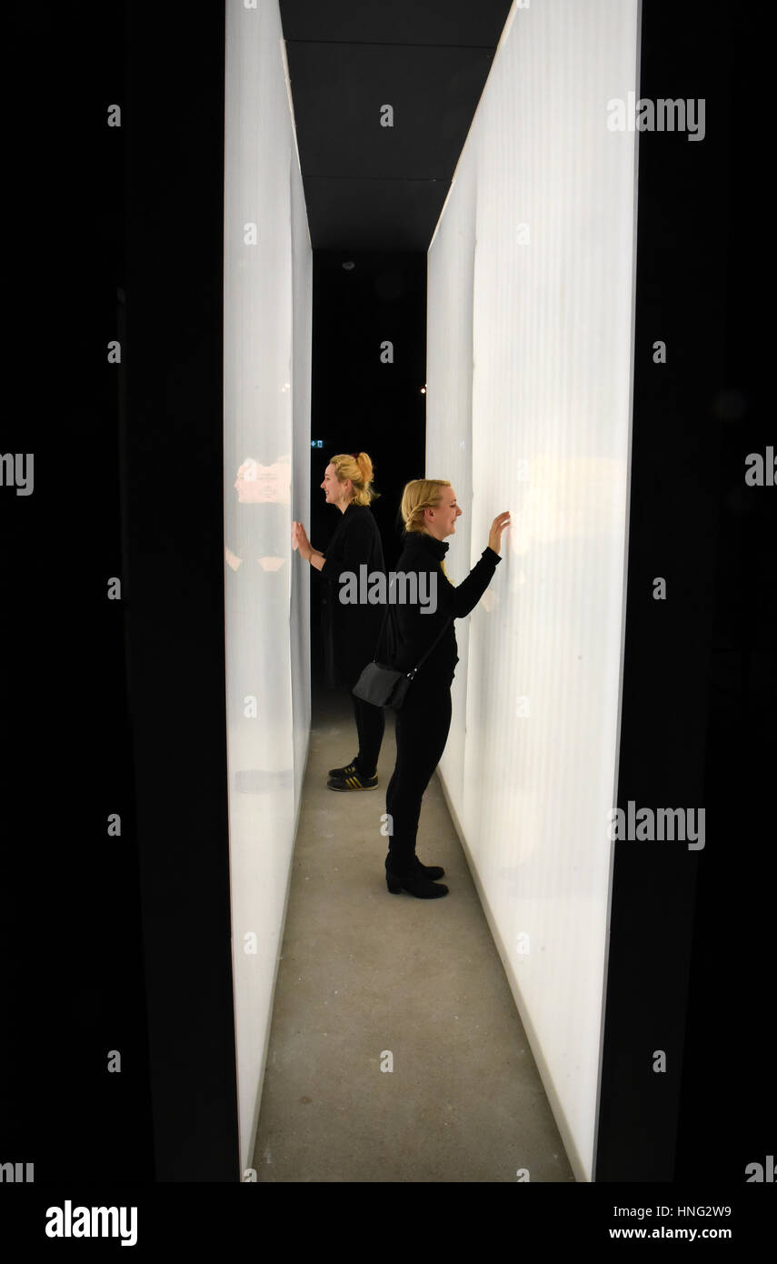 Leipzig, Deutschland. 5. Februar 2017. Besucher zu Fuß durch die Installation "Das Tal" des polnischen Künstlers Karolina Halatek bei Kunstkraftwerk ("Art Kraftwerk") in Leipzig, Deutschland, 5. Februar 2017. Die Installation ist Teil der Ausstellung "Illusion - Bewegung Raum", in welcher Künstler aus Belgien, Deutschland, Frankreich, Großbritannien, Kanada, Neuseeland, Polen und Südkorea in der Ausstellungshalle Kunstkraftwerk digitale Landschaften gestalten. Die Kunstwerke können bis 12. November 2017 zu sehen. Foto: Waltraud Grubitzsch/Dpa-Zentralbild/ZB/Dpa/Alamy Live News Stockfoto