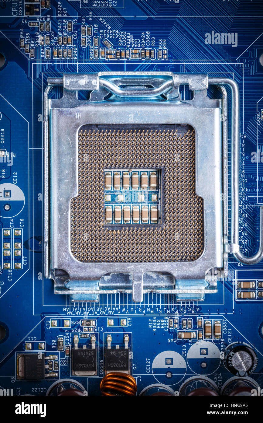 Blaue Elektronikplatine, Nahaufnahme Stockfoto