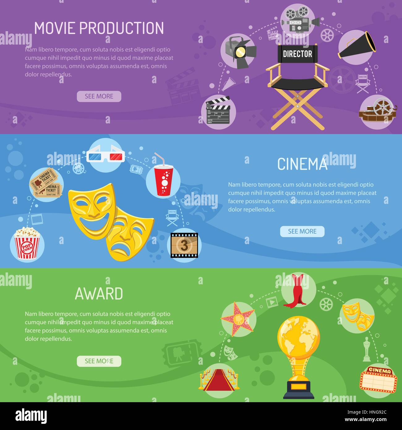 Kino und Film horizontale Banner mit flachen Symbole Kamera, Regie-Stuhl, Theatermasken, Award, Popcorn, Vektor-illustration Stock Vektor