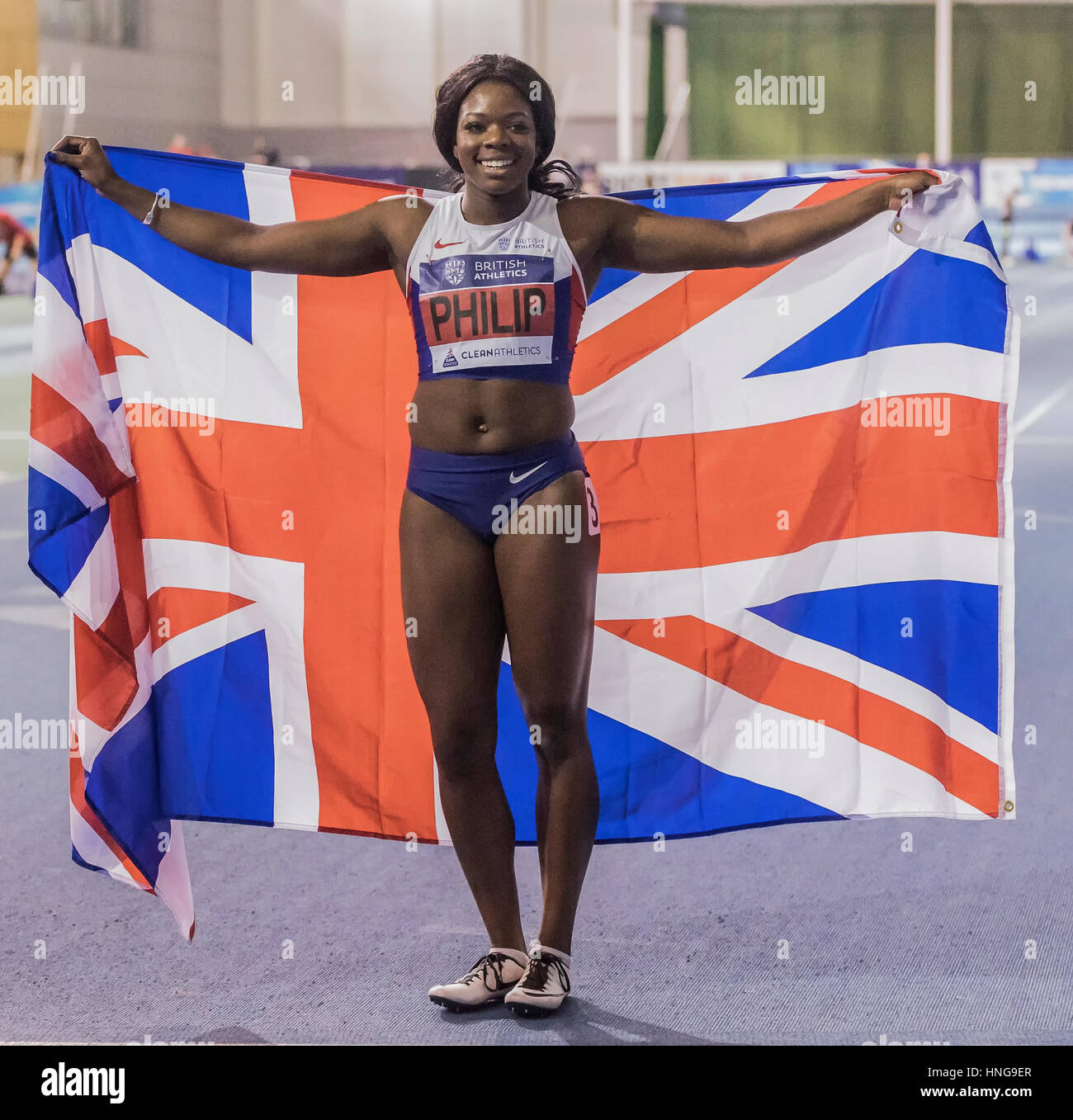 Asha Philip feiert ihren Sieg in der Damen-60 Meter Finale. UVE Sheffield britischen Leichtathletik Indoor Team Studien 2017 Stockfoto