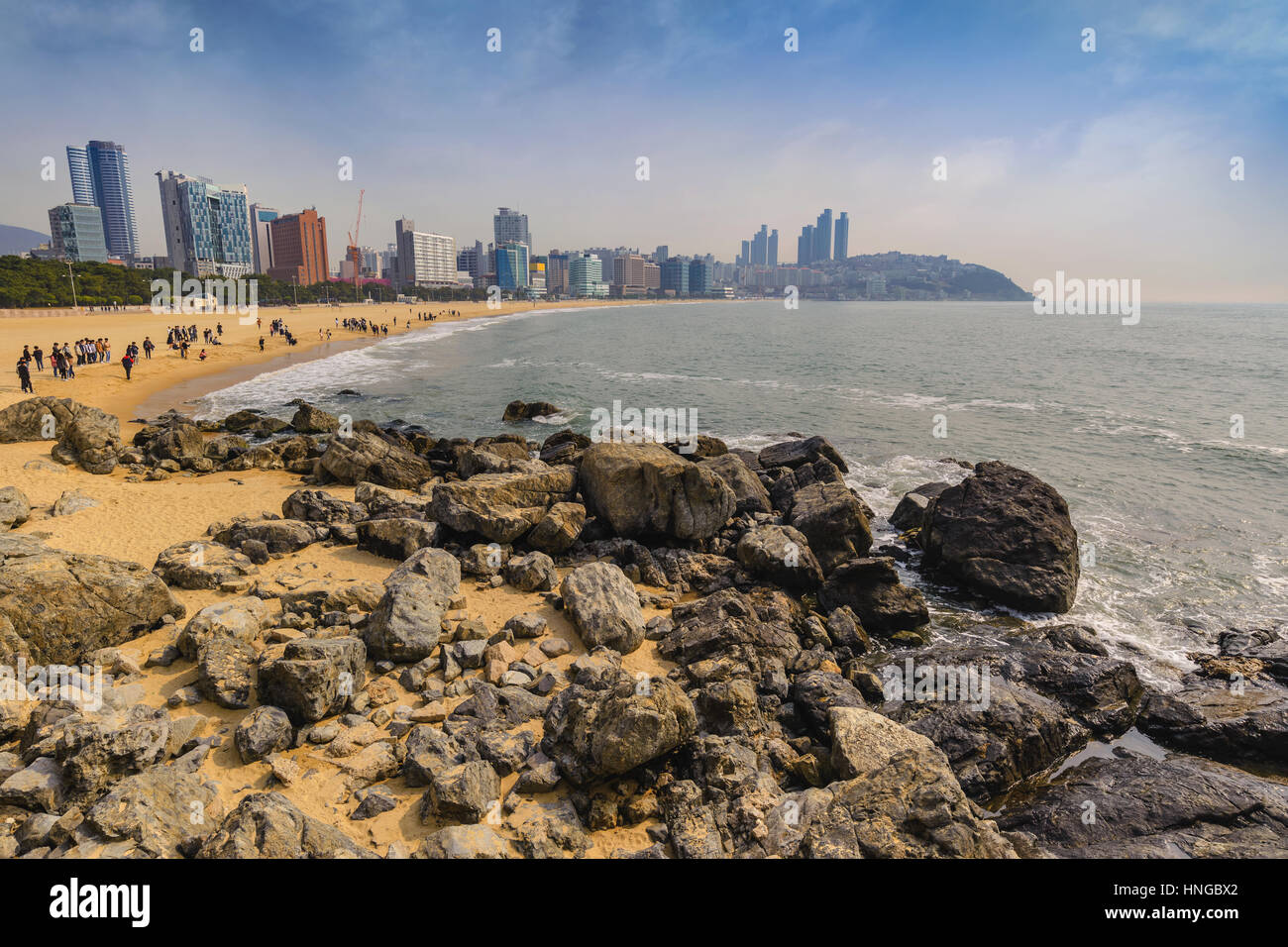 Haeundae Strand und Skyline von Busan, Busan, Südkorea Stockfoto