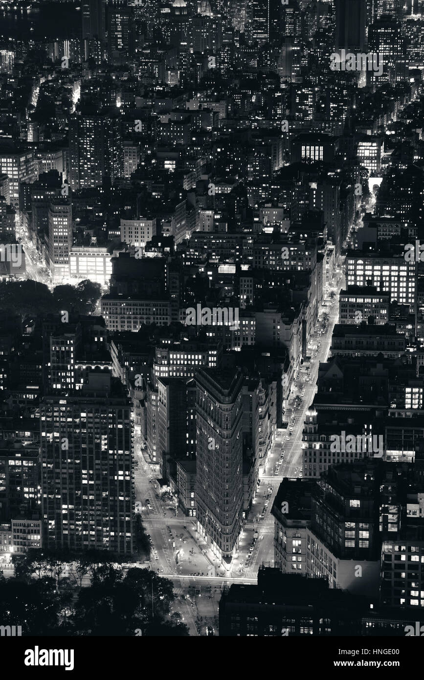 New York City - SEP 11: Flatiron Building Nahaufnahme in der Nacht vom 11. September 2015 in New York City. Es ist eines der berühmtesten Wolkenkratzer und die sy Stockfoto