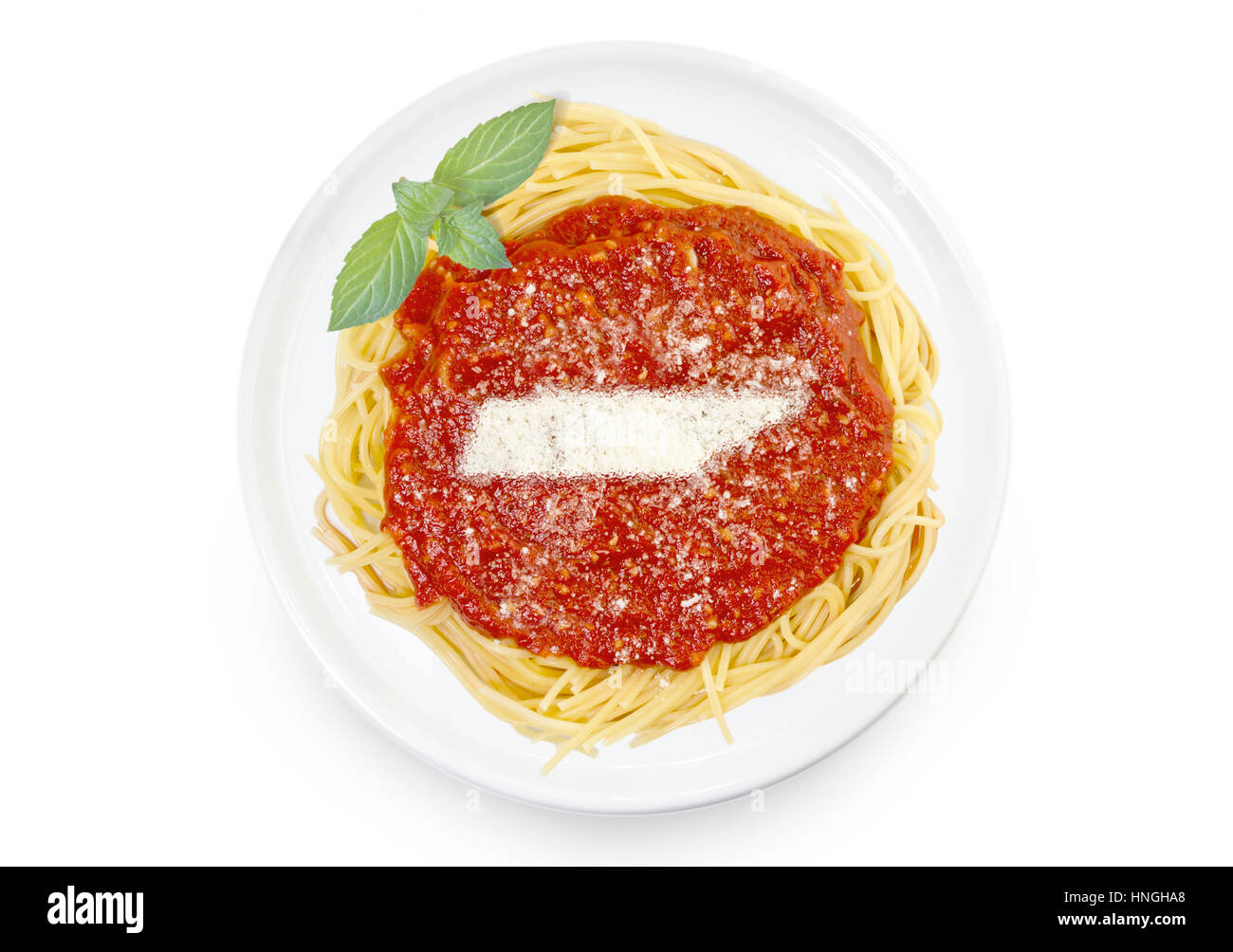 Frisch zubereitetes Gericht lecker Nudeln mit Tomaten-Sauce und Parmesan-Käse in der Form von Tennessee. (Serie) Stockfoto