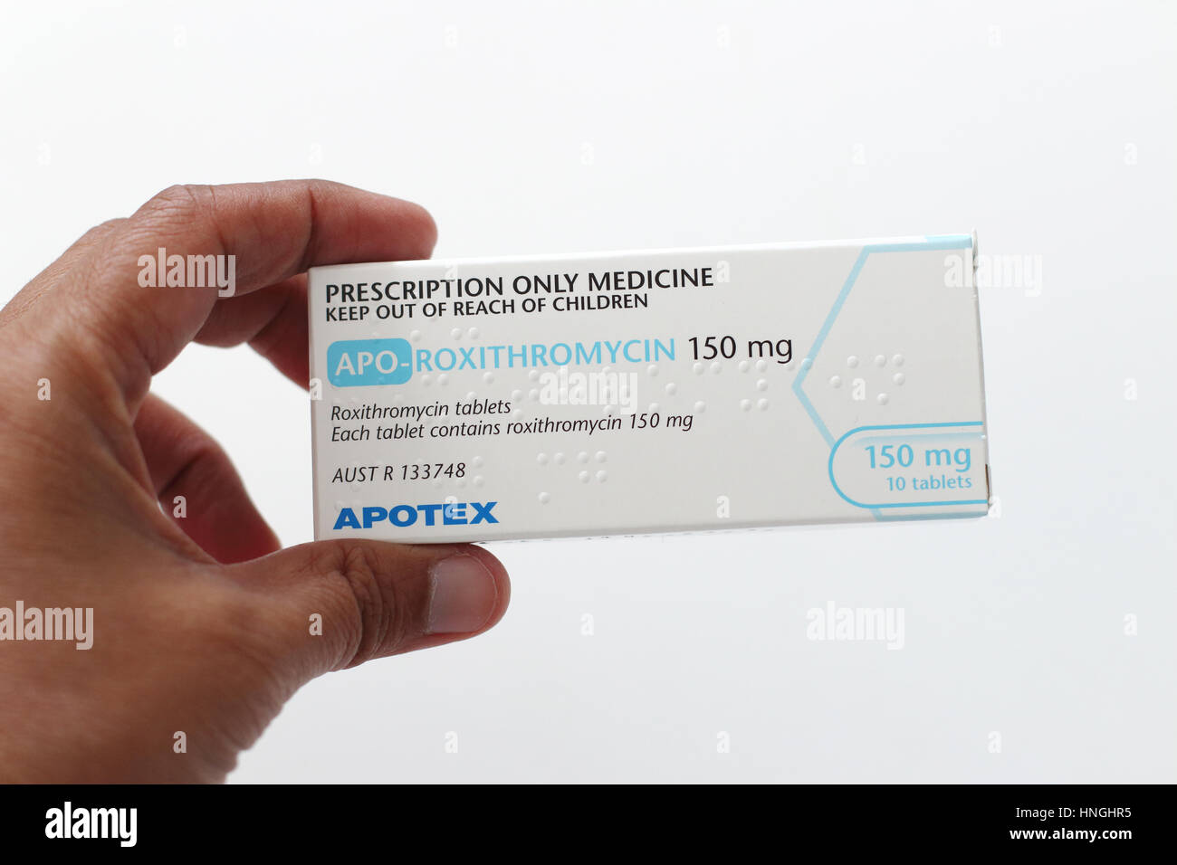Nahaufnahme von APO-Roxithromycin anti-biotische auf weißen Hintergrund isoliert Stockfoto