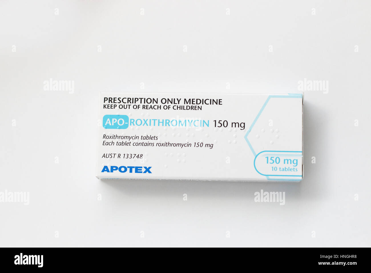 Nahaufnahme von APO-Roxithromycin anti-biotische auf weißen Hintergrund isoliert Stockfoto