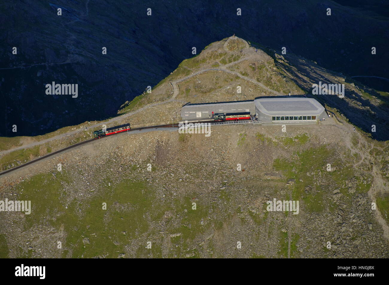 Luftaufnahme, Yr Wyddfa, Snowdon Summit Station, Stockfoto