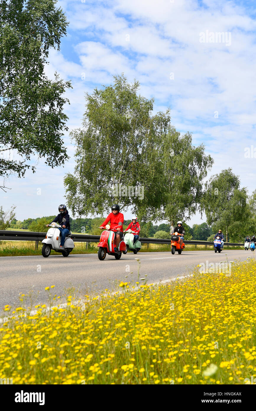 Vespa, Scooter, Tour, Reise, Fahrt, Vintage, Straße, Natur, historische, Rennen, Konvoi, Menschen, junge, Mädchen, Tagesausflug, Outback, tuning, Cruisen, Geschwindigkeit, Spaß, Stockfoto