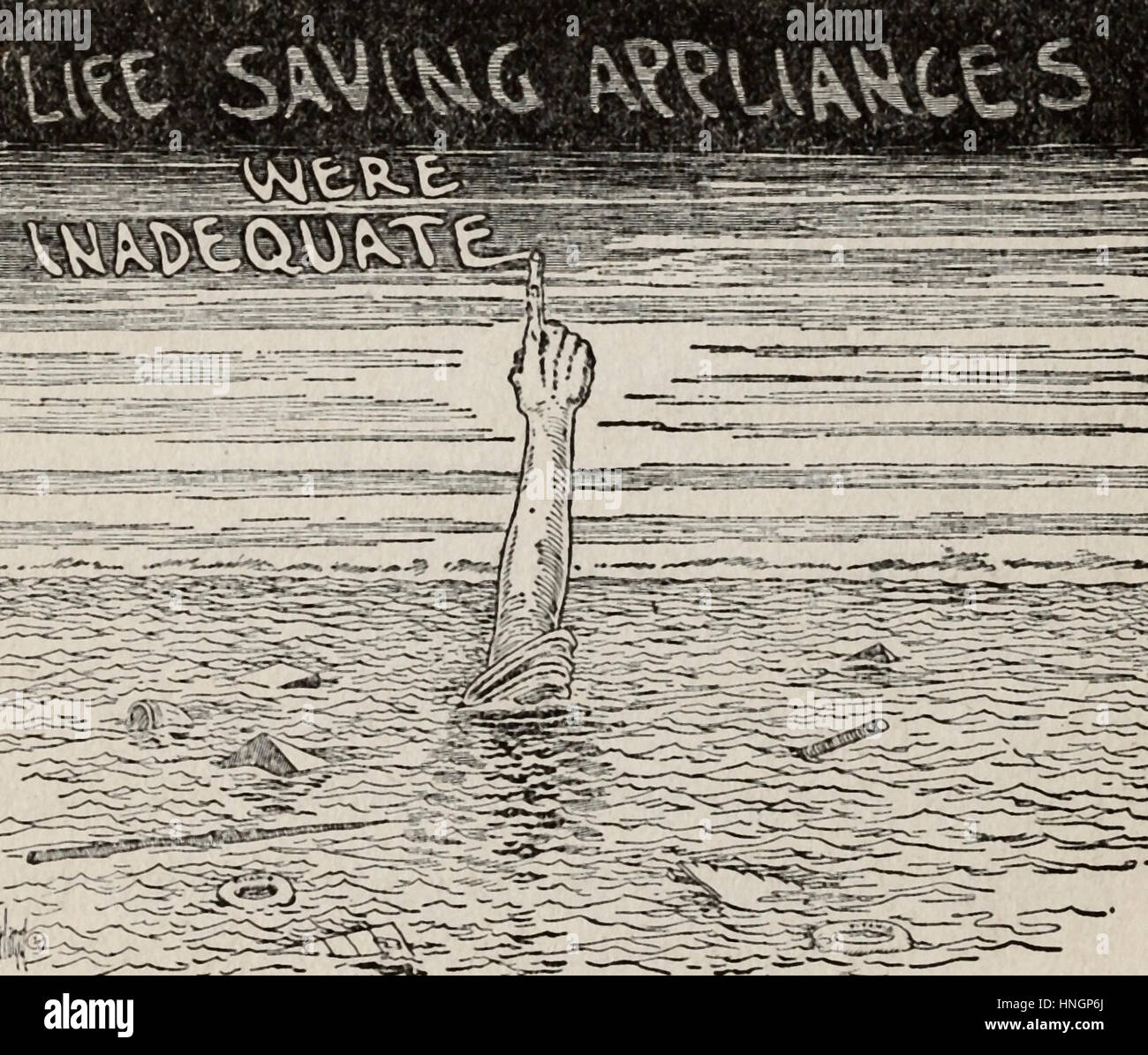 Rettungsmittel waren unzureichend - politische Karikatur nach der Titanic-Katastrophe Stockfoto