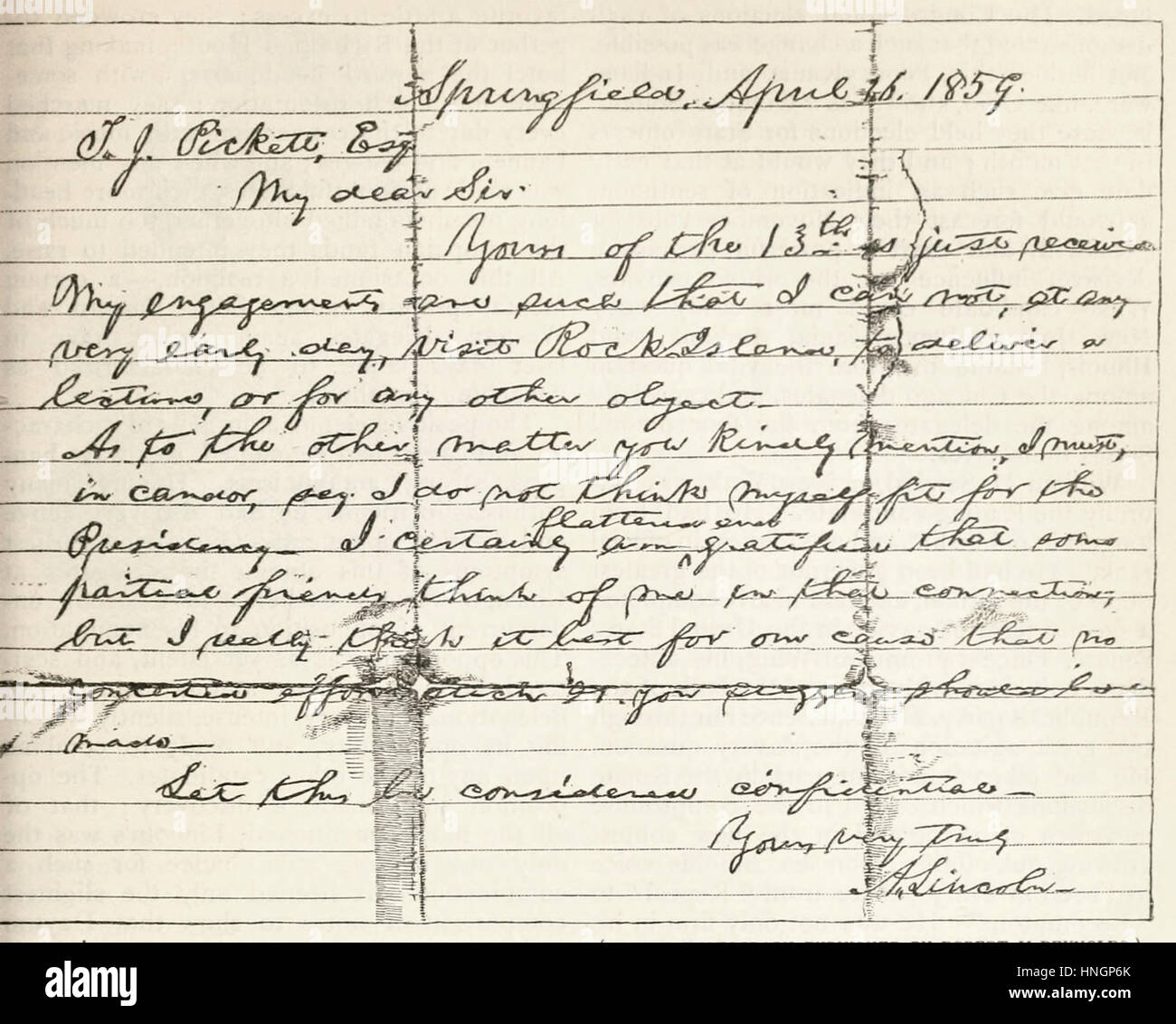 Abraham Lincolns Brief an Pickett, betreffend die Präsidentschaft, 1859 Stockfoto