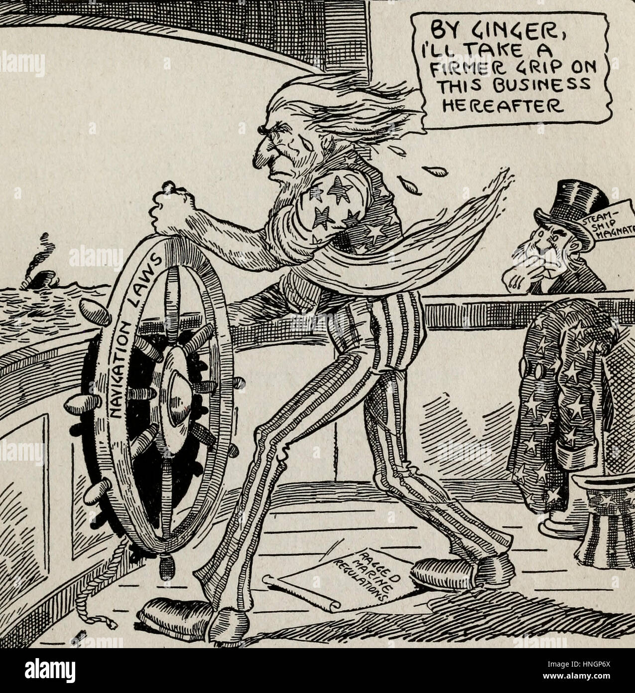Zeit, get busy - politische Karikatur zeigt Uncle Sam unter einen festeren Griff auf Navigation Recht nach der Titanic-Katastrophe Stockfoto