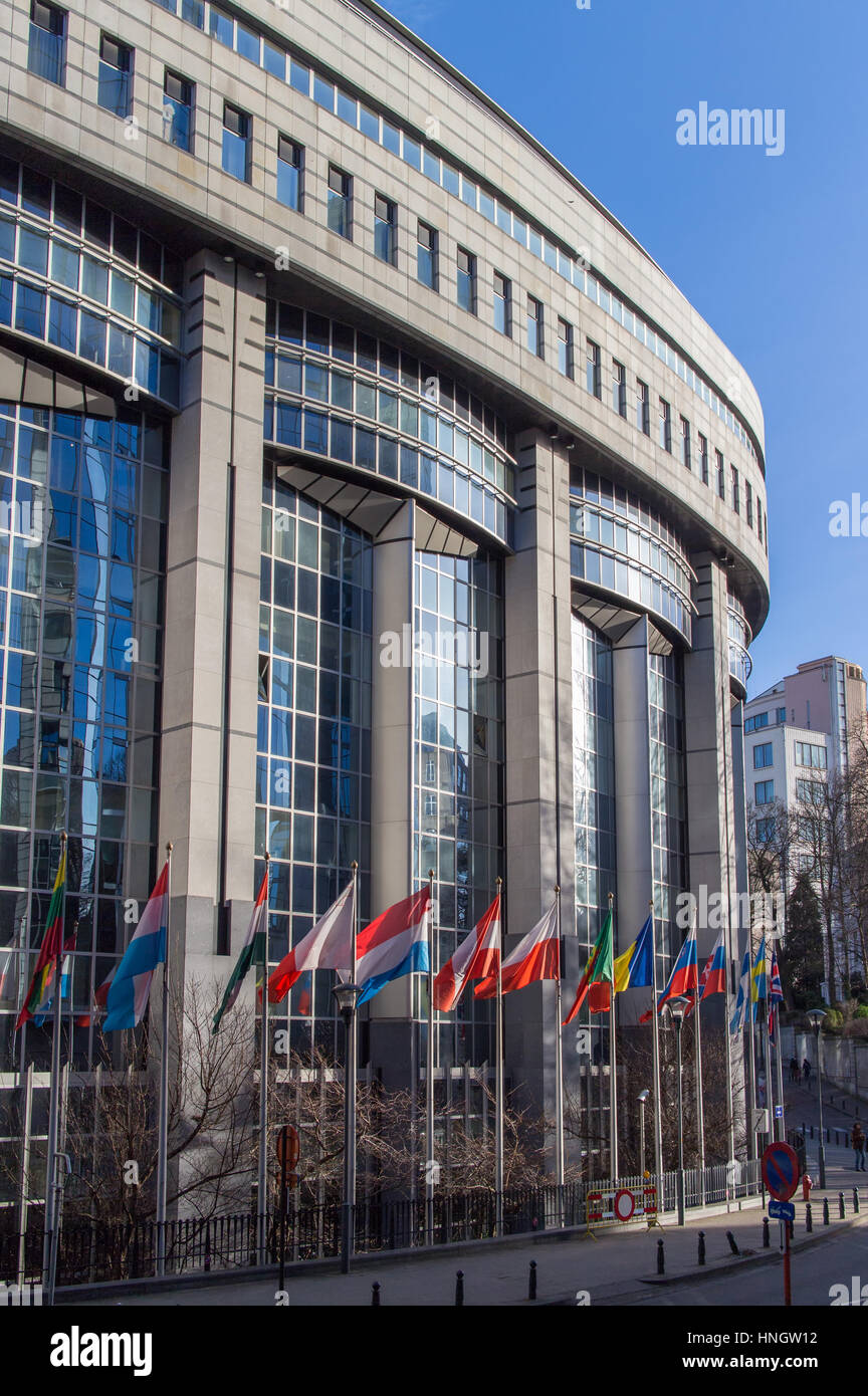 Büros des Europäischen Parlaments und europäischen Flaggen in Brüssel, Belgien. Stockfoto