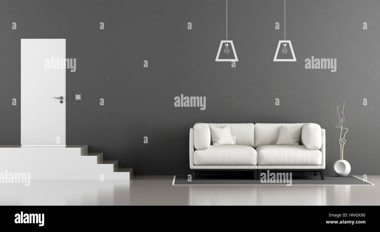Minimalistische zwei Ebene Wohnzimmer mit Sofa, Treppen- und Haustür - 3d rendering Stockfoto