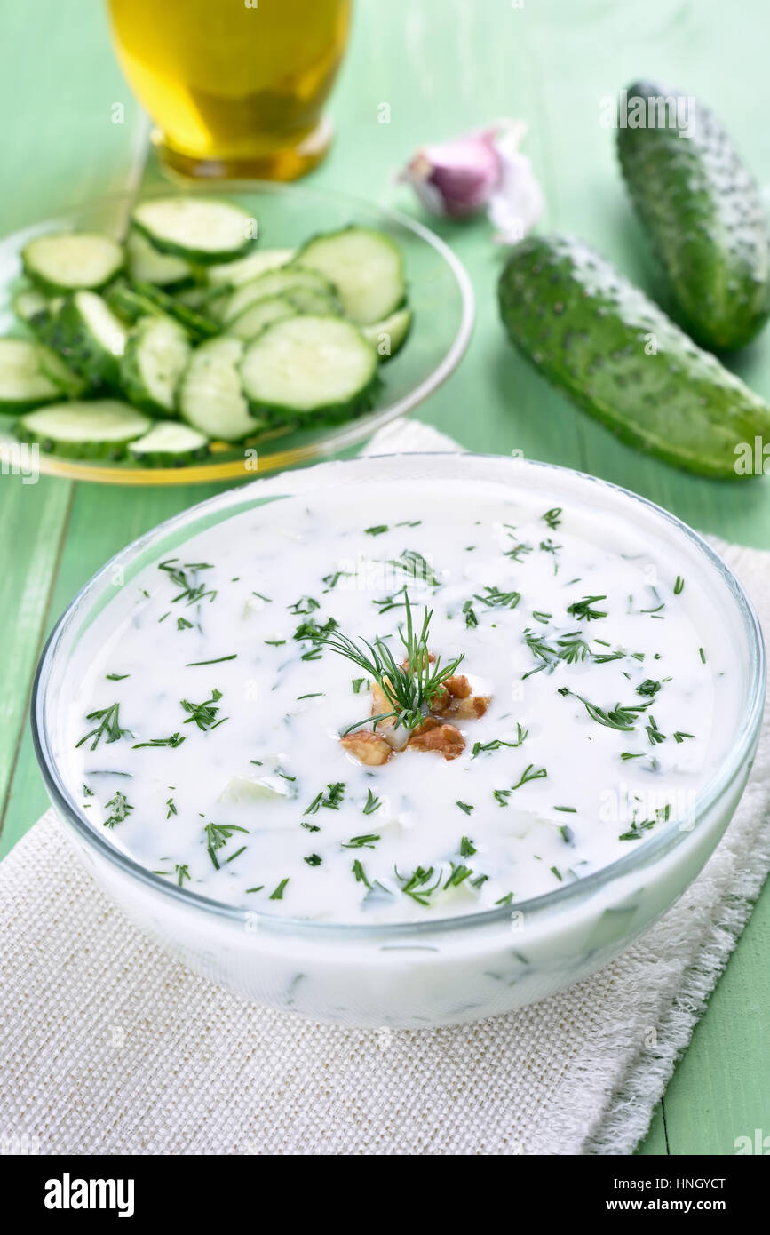 Kalter Sommer Suppe mit Joghurt, Gurken, Dill und Walnuss Stockfoto