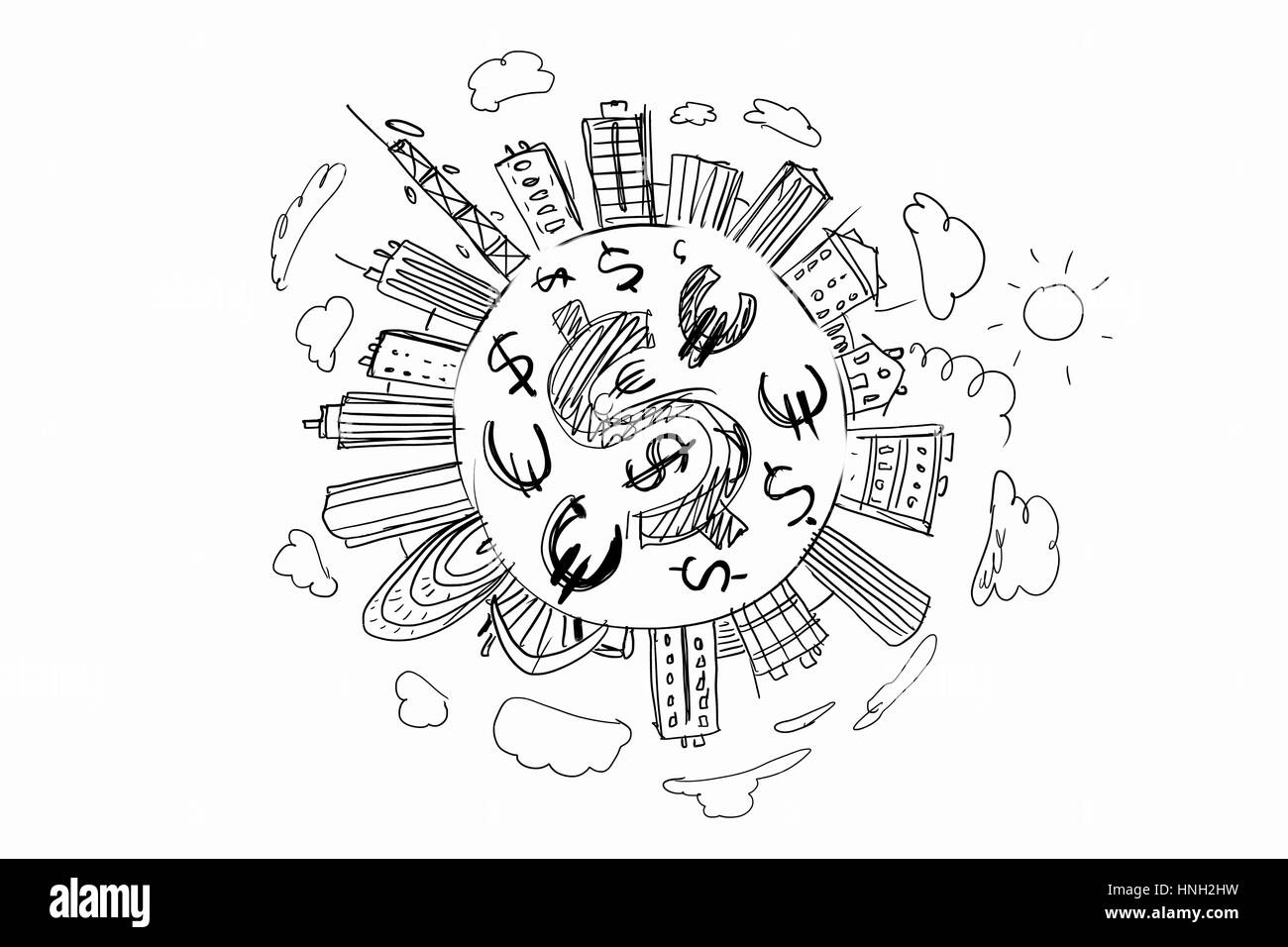 Dollar-Symbol als Reichtum Konzept in der Mitte des gezeichneten Stadt ot Reisekonzept Stockfoto