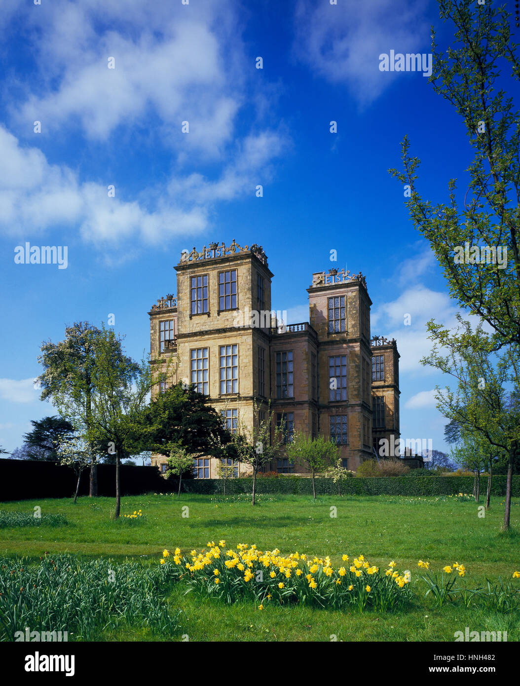 Hardwick Hall im Frühling, in der Nähe von Chesterfield, Derbyshire, England, UK. Stockfoto
