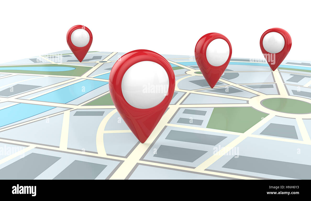 Karte mit 4 großen roten GPS-Zeiger. 3D rendern, Blank für Textfreiraum. Stockfoto