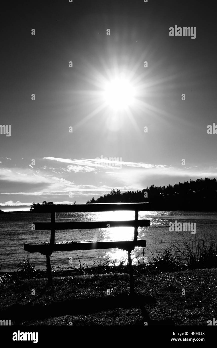 Leere Bank durch den Ozean. Ruhige Lage für die Kontemplation. Stockfoto